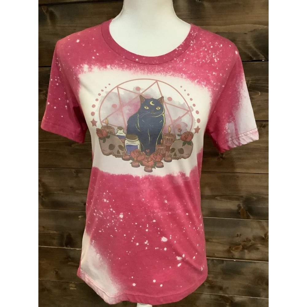 NEW Bella Canvas Bleached Sublimated T-Shirt Cat & Skull design‎